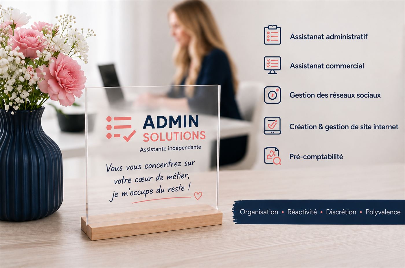 Admin Solutions — assistanat administratif et commercial, réseaux sociaux, site internet, pré-comptabilité